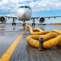 Corporate jet connected to fueling hose for aviation fuel supply
